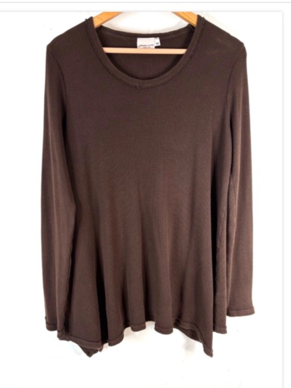 Prairie Cotton USA Thermal Waffle Knit Tunic Top M Chocolate Brown Asymmetric